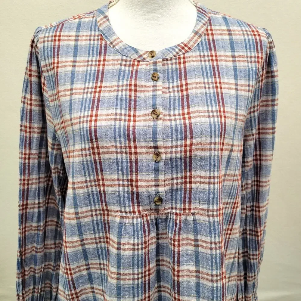 Madewell Popover Blouse Top Blue Plaid Puff Sleeve Swing Pleated Cotton Linen